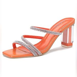 Orange Rhinestone‎ Sparkle Prom Mule Heel Y2K Sandal NEW without tag Slip On 5.5